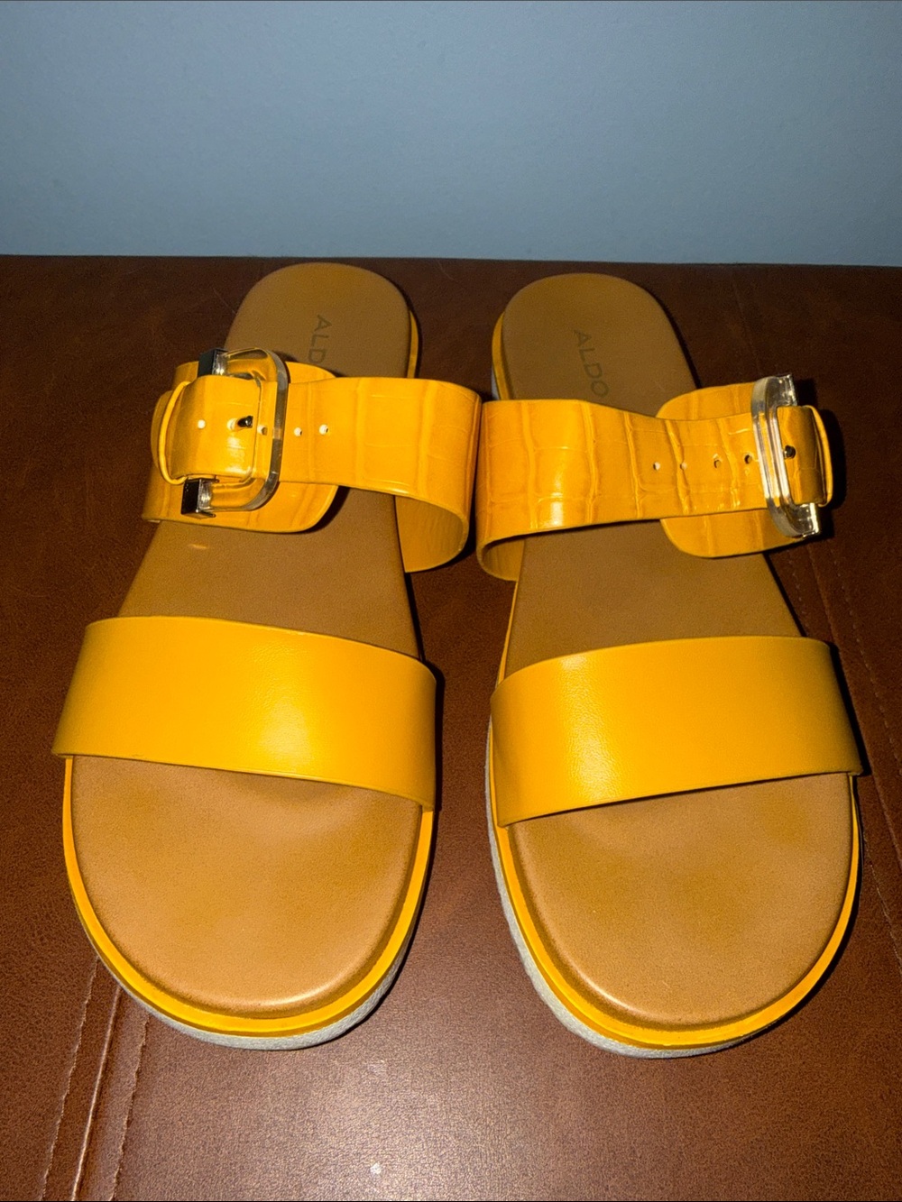 Aldo Yellow Strappy Slide Sandals
